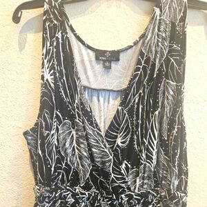 Coastal Maxi Tropical Boho elastic waist black white floral Dress v-neck L